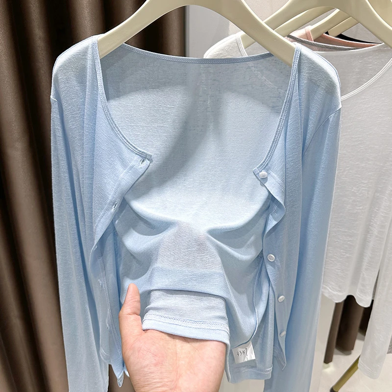 薄款冰丝针织防晒外套女夏季连衣裙外搭蓝色披肩宽松遮肉空调罩衫