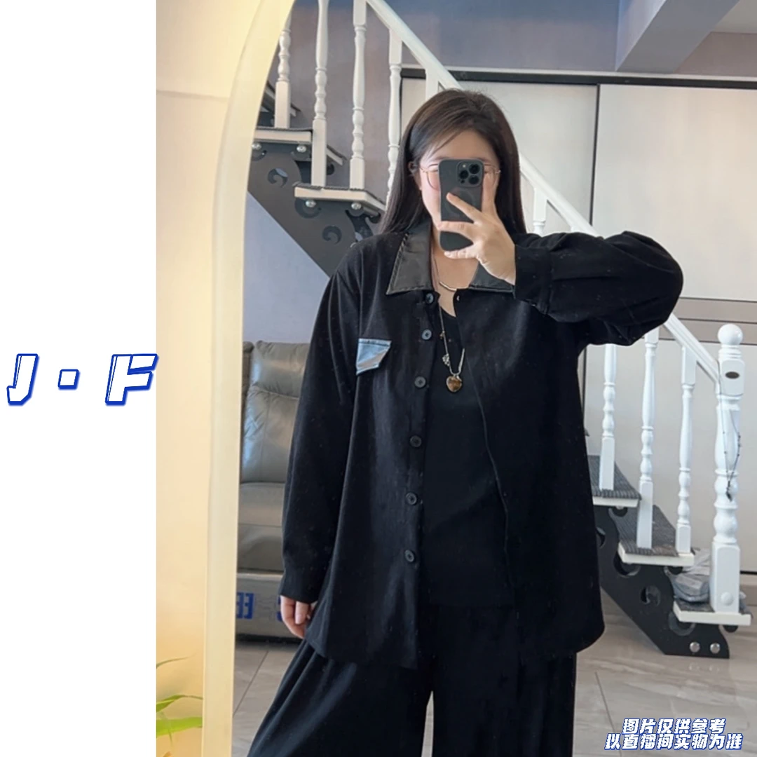 JF定制大码260斤17199早秋休闲百搭皮领拼接纽扣衬衫式上衣外套