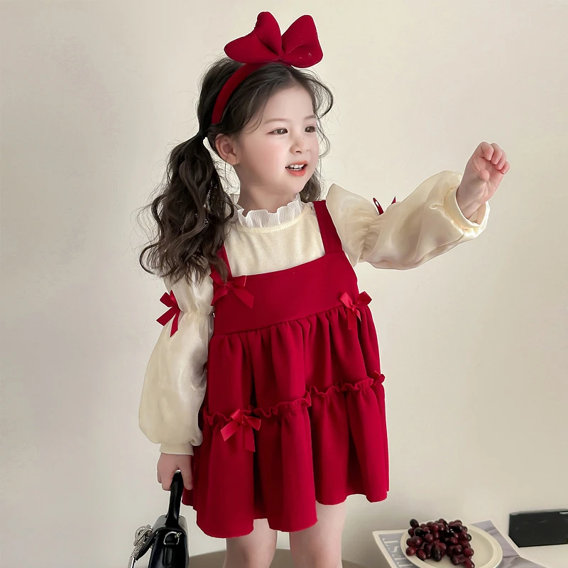 女童连衣裙子春秋款2025新款宝宝生日儿童春装红色假两件礼服裙子