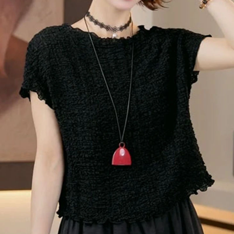 韩版简约纯色褶皱肌理感短袖T恤女士2025夏季气质小众设计感上衣