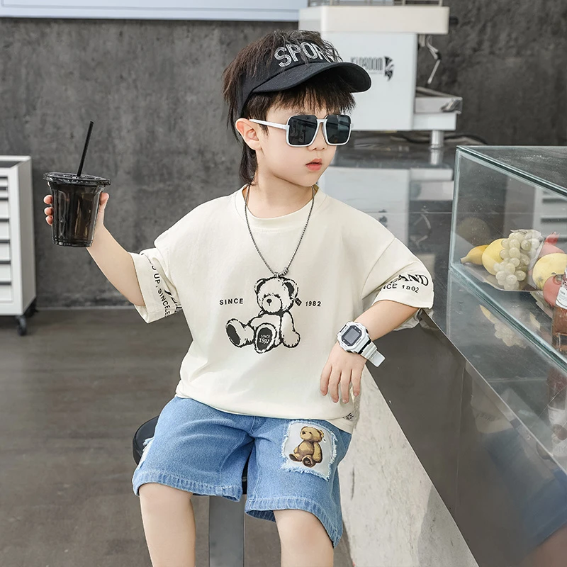 儿童服装男童夏装套装2025新款潮牌男孩短袖牛仔短裤两件套时髦帅