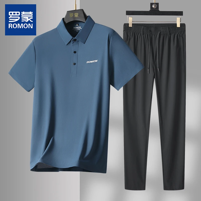 Romon/罗蒙男士夏季冰丝速干套装翻领POLO衫速干高弹冰丝裤二件套