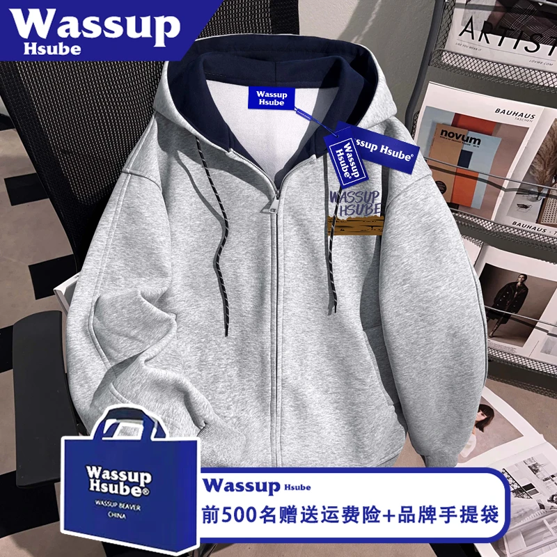 WASSUP HSUBE秋冬美式炸街男女加绒卫衣拉链连帽外套潮牌印花开衫