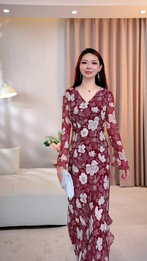 【琦琦】长袖高腰法式中长裙连衣裙保暖碎花旗袍可露丽风-SW0065