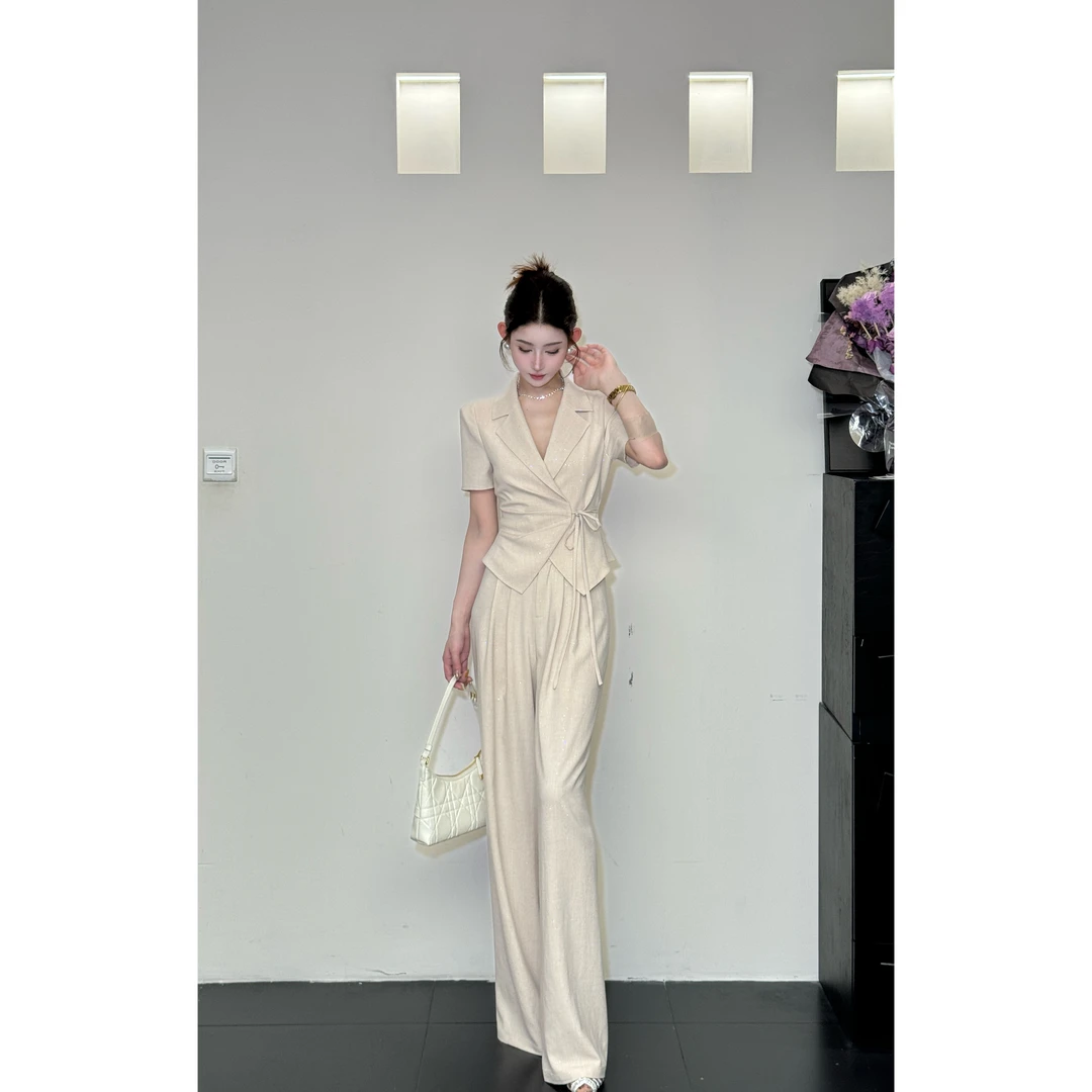 新款休闲风显瘦高级感轻奢设计师收腰长裤套装25496