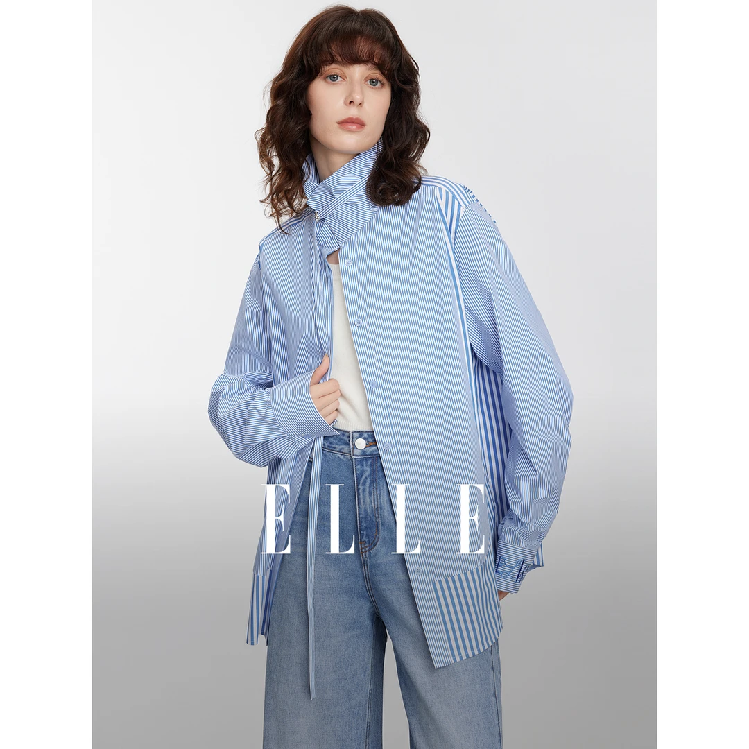 ELLE法式设计感条纹拼接衬衫女2025春季新款小个子宽松EC50372