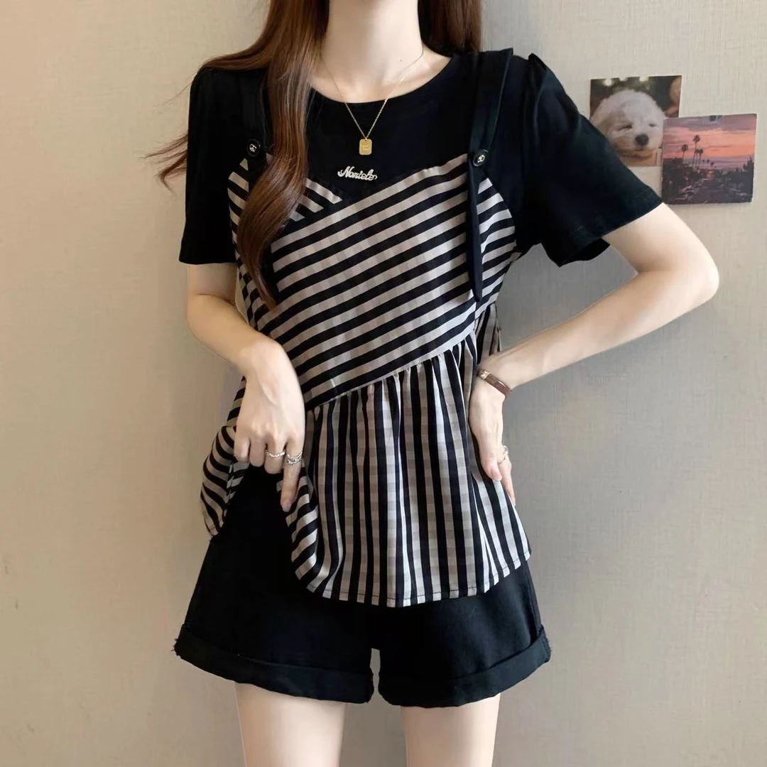 大码女装遮肚子假两件插肩条纹打底衫夏季胖妹妹洋气百搭遮肉上衣