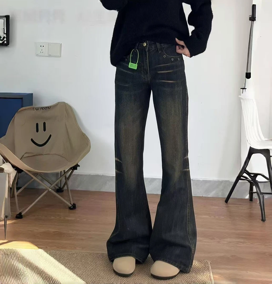 美式小个子微喇牛仔裤女秋季新款修身设计休闲百搭显瘦拖地喇叭裤