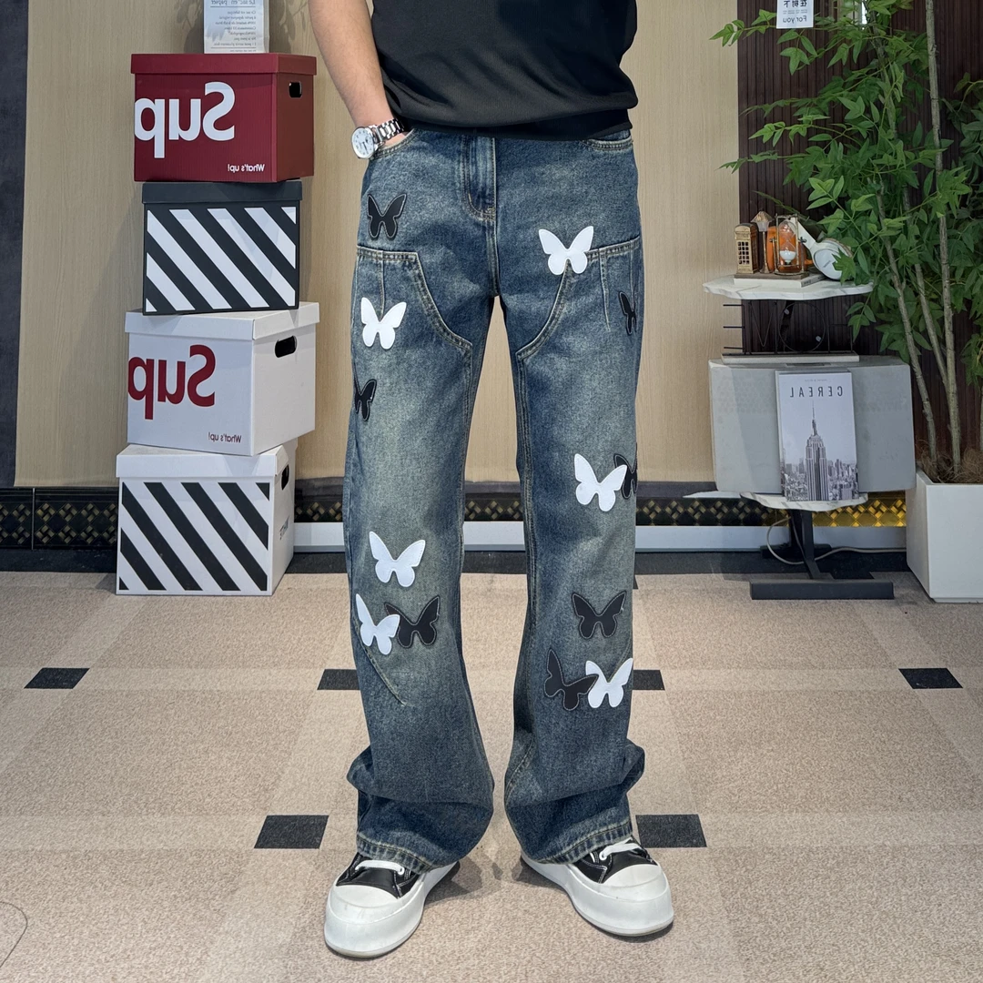 【宽松直筒】2025四季款美式潮牌蝴蝶拼皮水洗宽松阔腿直筒牛仔裤男