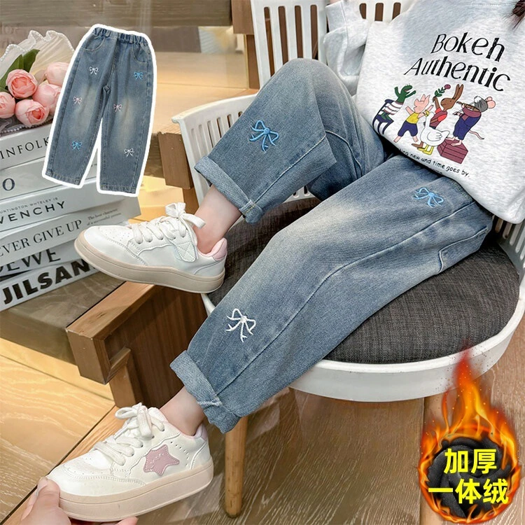 退货运补女童加绒加厚牛仔裤新款韩版宽松宝宝加厚中小童一体绒保