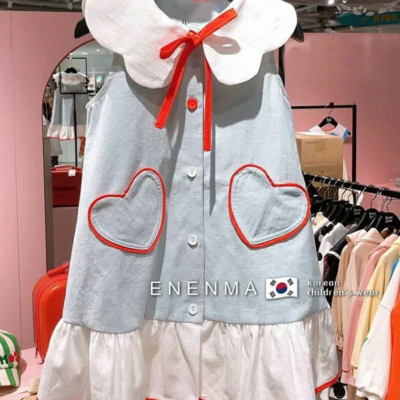 韩国童装2025夏季款女童荷叶领无袖连衣裙儿童洋气爱心系带背心裙