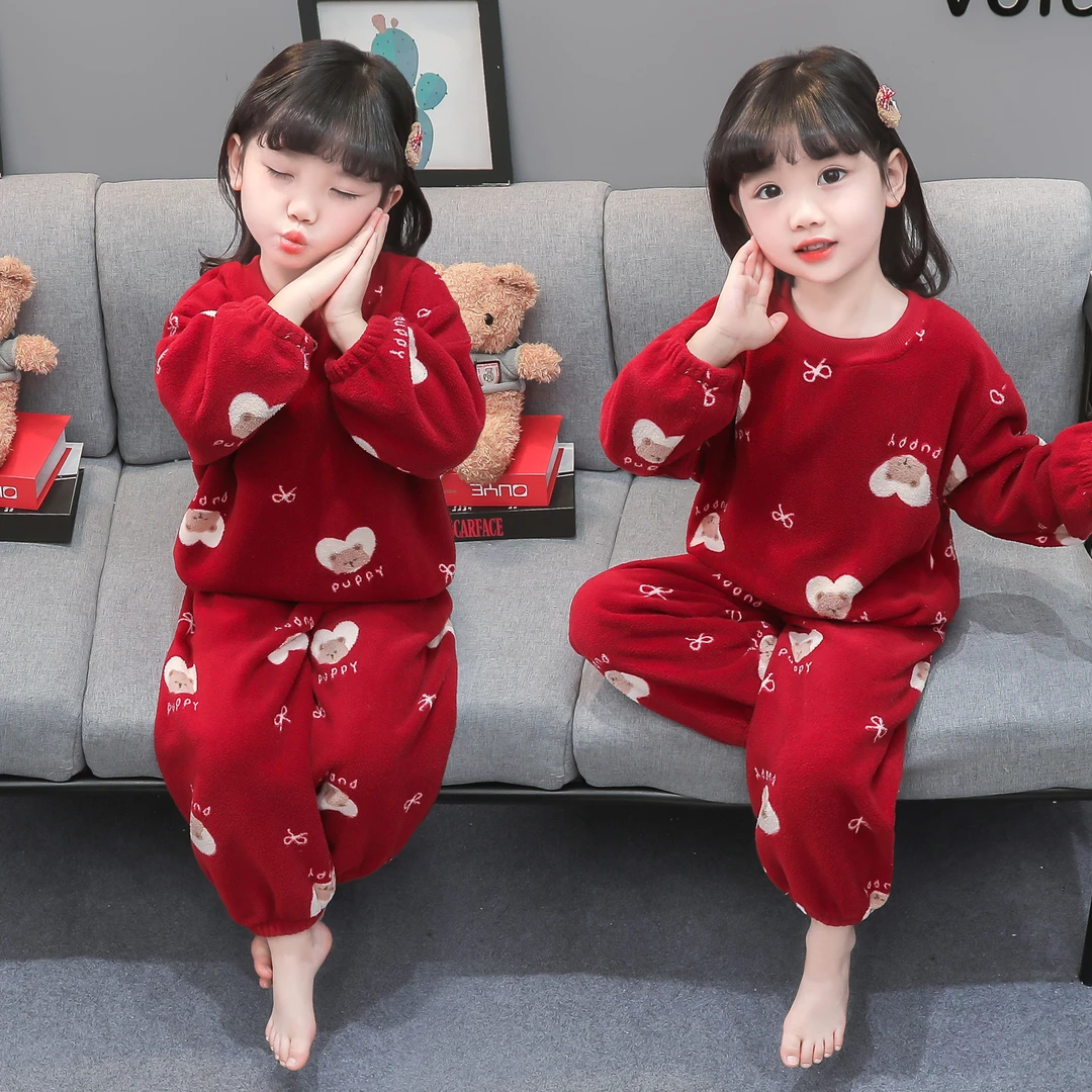 儿童珊瑚绒睡衣女孩秋冬季加厚2025新款宝宝法兰绒套装女童家居服