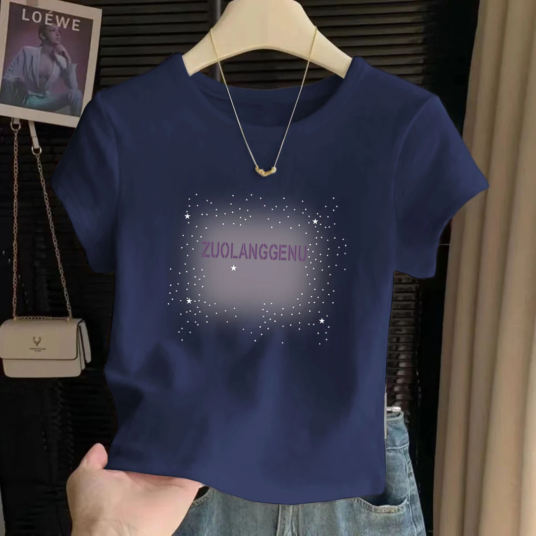 纯棉短款高腰小个子女士T恤衫2025夏季短袖休闲大码薄款圆领上衣