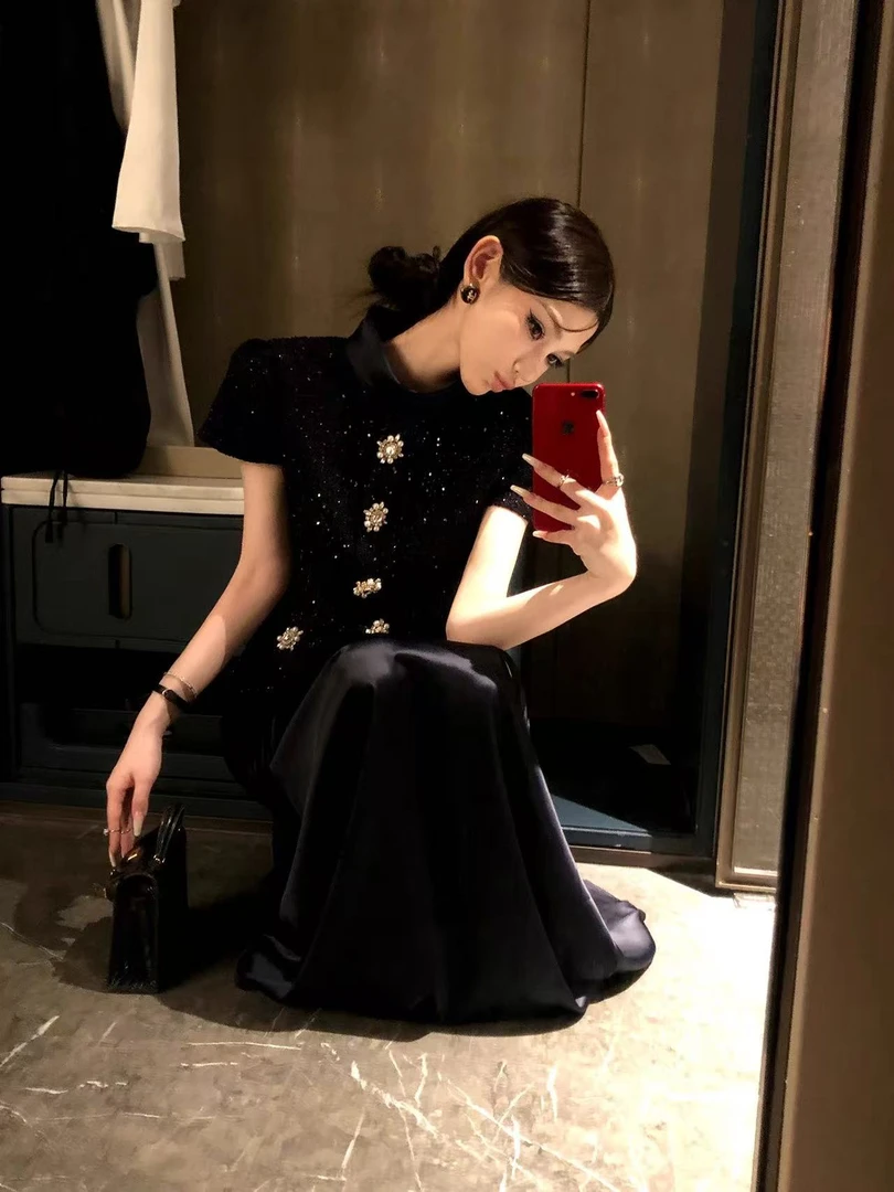 ChiclyNana  名媛风优雅休闲两件套圆领金属扣拼接上衣半身裙套装