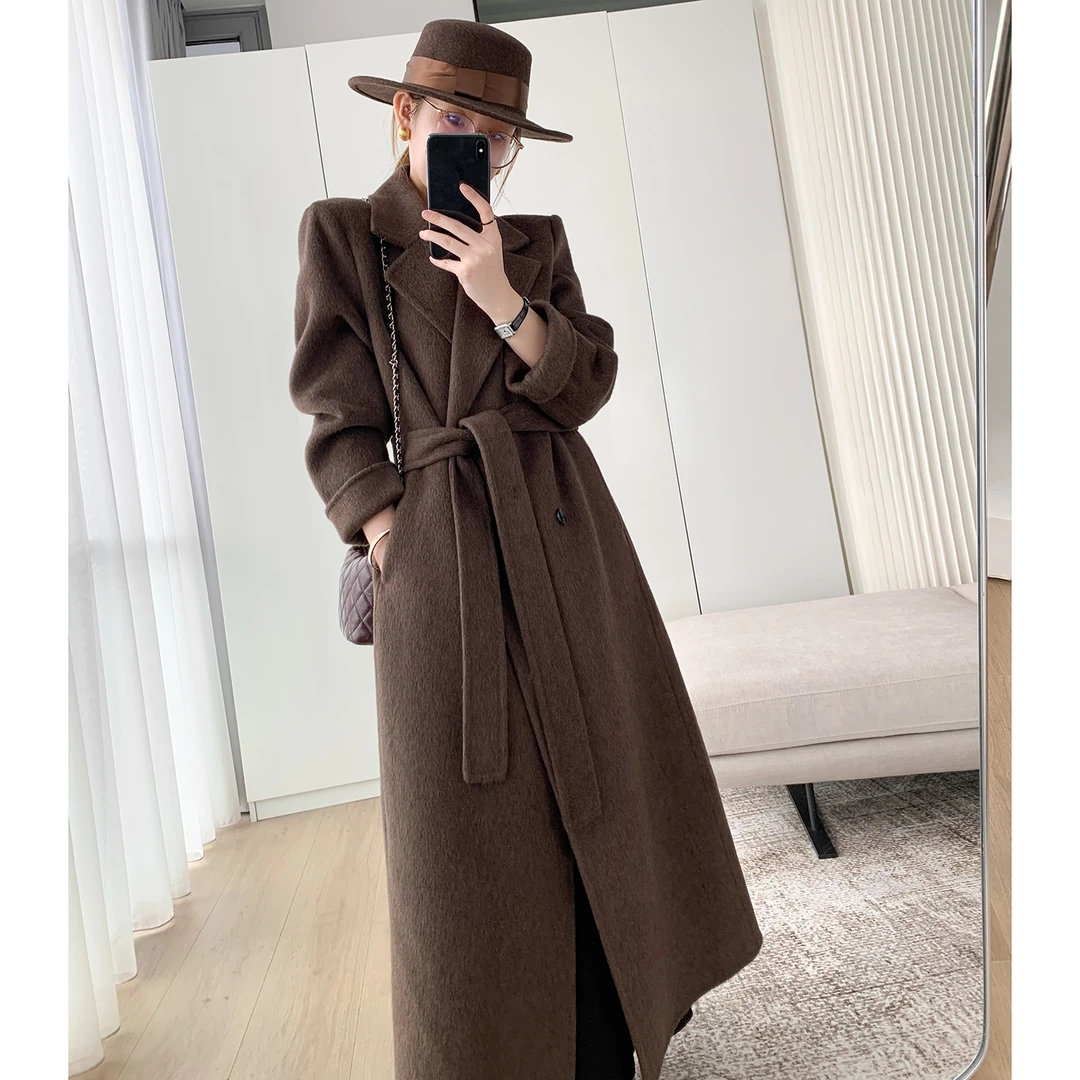 懂点2025秋冬新款高级设计款休闲百搭西装领绑带长款毛呢外套