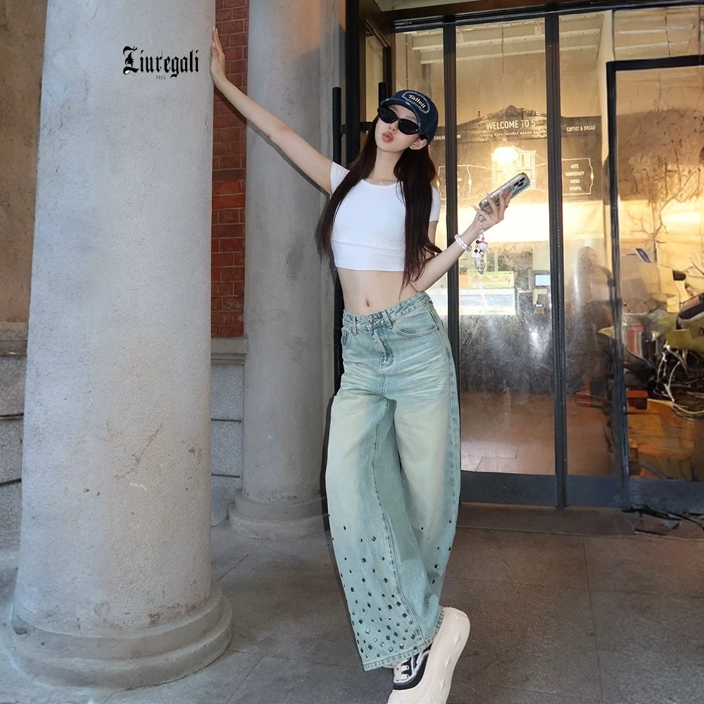 Liuregali高腰阔腿复古牛仔裤女2025新款设计感裤脚菱形烫金小众