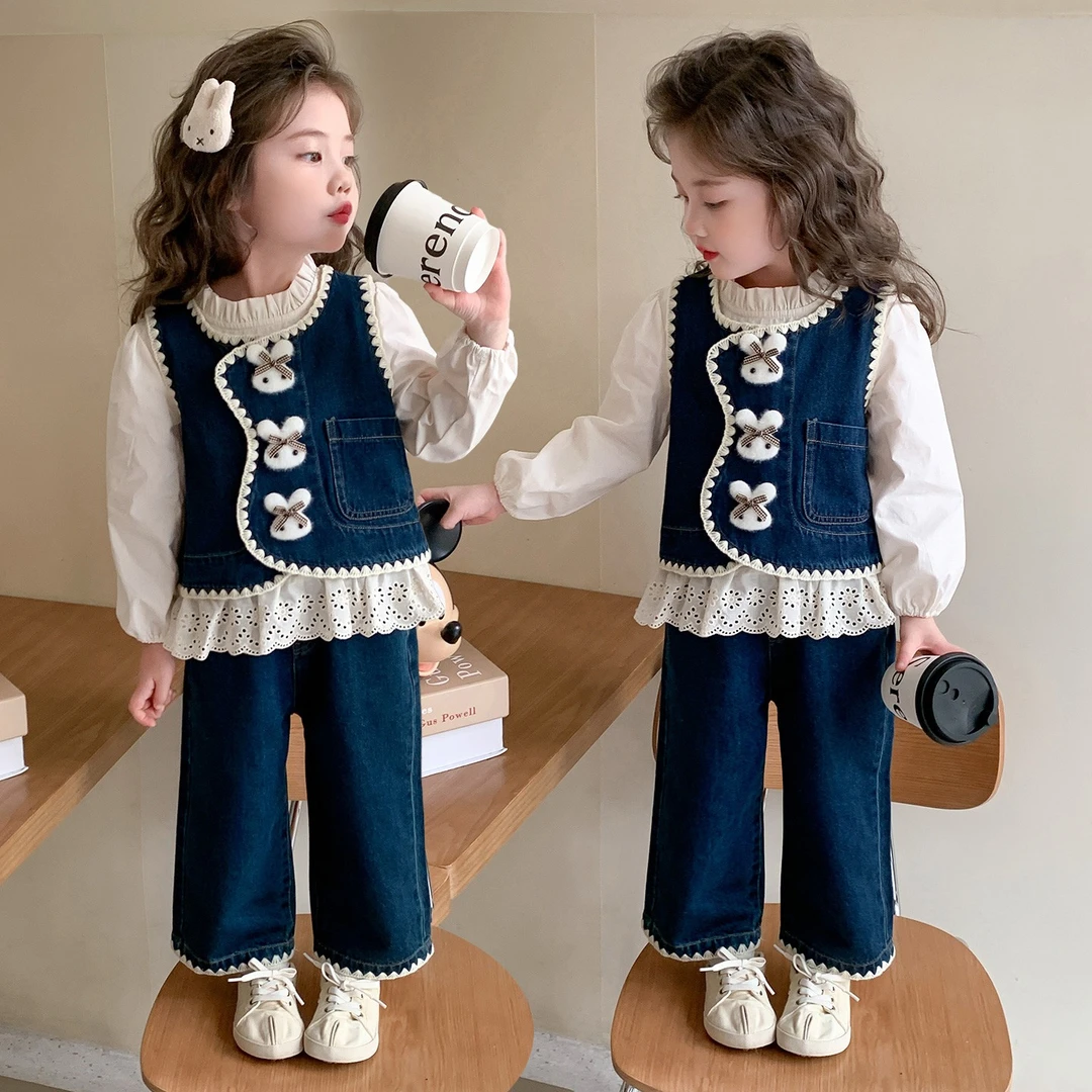女童秋装套装2025新款小女孩洋气甜美潮衣女宝宝秋季牛仔裤三件套