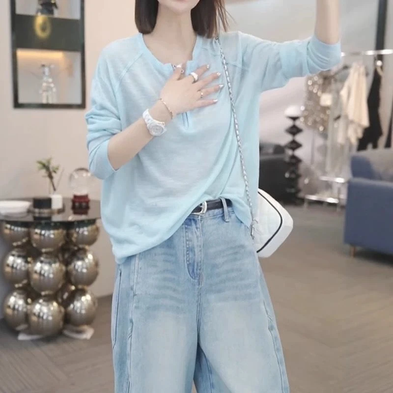 慵懒风V领薄款罩衫女2025夏季新款宽松百搭显瘦纯色长袖T恤女