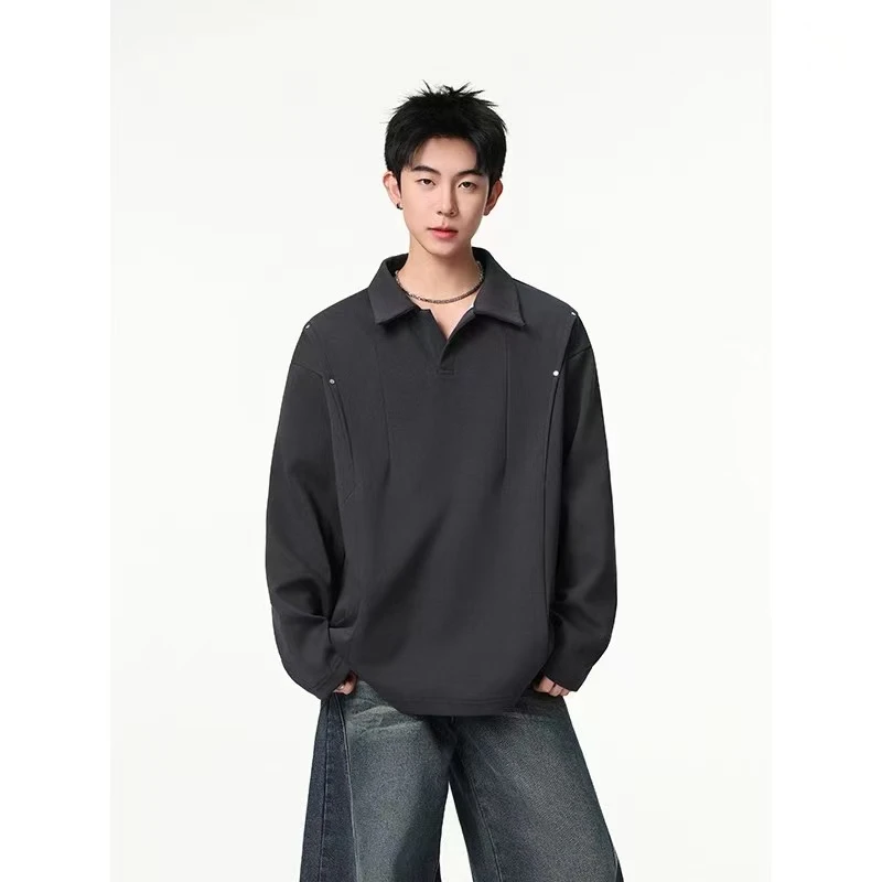 深灰色美式拼接长袖polo衫翻领卫衣男秋季廓形正肩t恤内搭打底衫