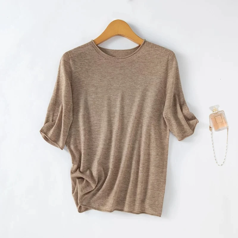 ROUHAN水溶羊毛圆领打底衫短袖春夏百搭无缝一体针织衫中袖上衣