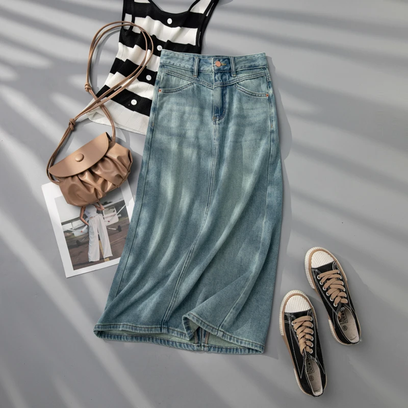 2025新款夏季莱赛尔A字版夏季牛仔半身后开叉中长裙5299