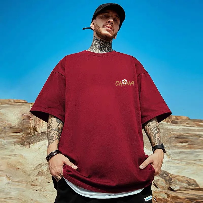 潮牌红色本命年纯棉短袖t恤男装微胖男生宽松加大码上衣半袖2025