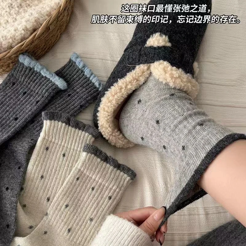 波点袜女秋冬季灰色中筒袜加厚百搭复古花边堆堆长筒袜1030