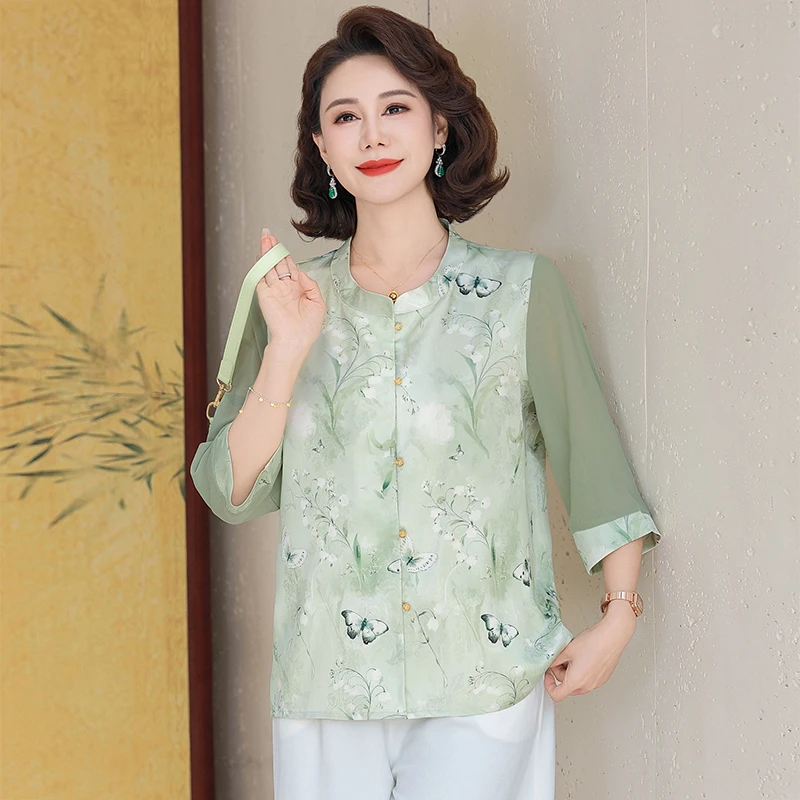新款妈妈装夏季雪纺衫衬衫纱袖中式国风洋气中老年女t恤打底上衣