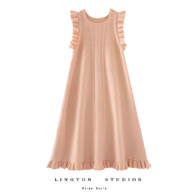 凌云推荐！花仙子肉粉色羊绒针织中长款