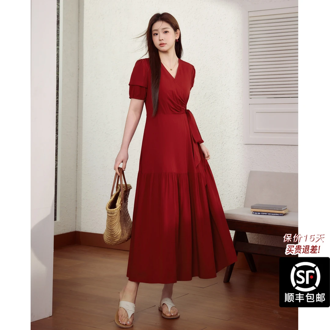 蓝语大码女装气质红色订婚重要场合连衣裙夏季收腰显瘦系带a字裙