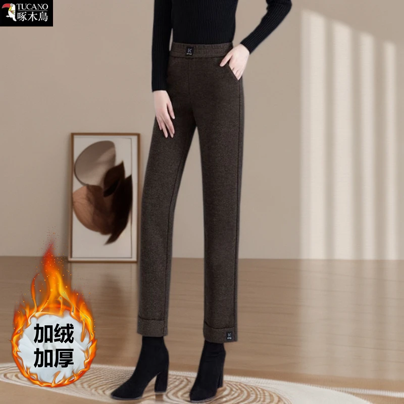 啄木鸟正品2025新款窄版毛呢九分裤秋冬拼接厚款直筒裤女减龄百搭