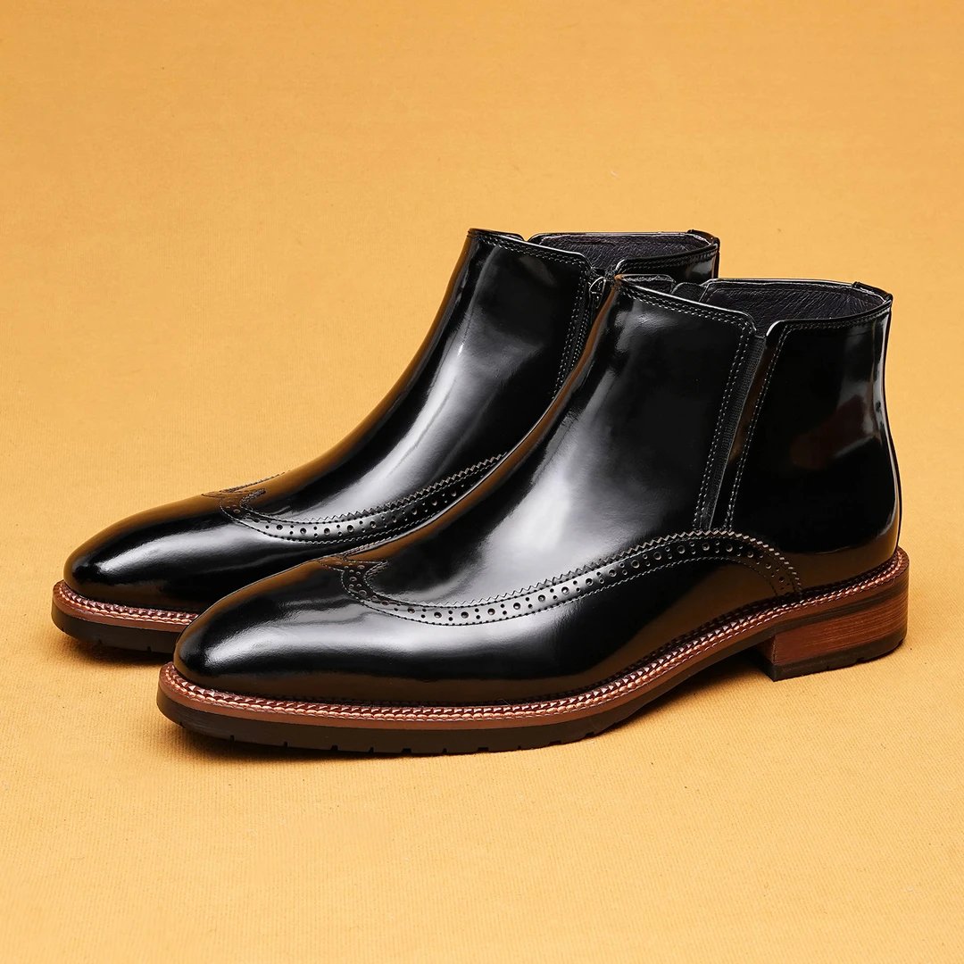 真皮雕花切尔西靴男士漆皮亮面马丁靴英伦风正装时装靴男高帮皮鞋