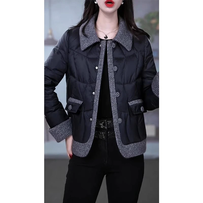 洋气短款毛呢拼接羽绒服女2025年秋冬新款加厚保暖时尚白鸭绒外套