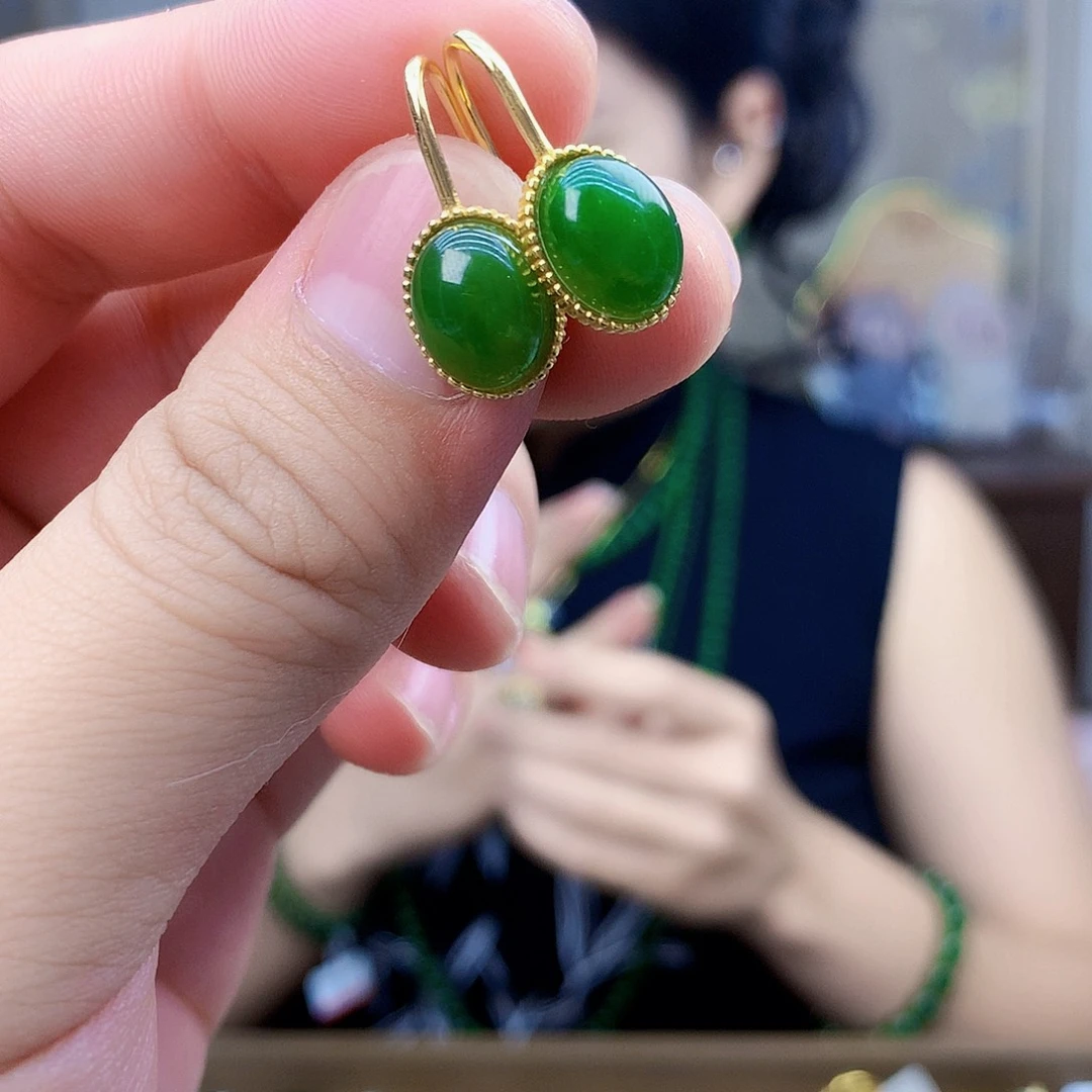 和田玉（碧玉）银S925镶嵌吊坠(不含链)耳钉