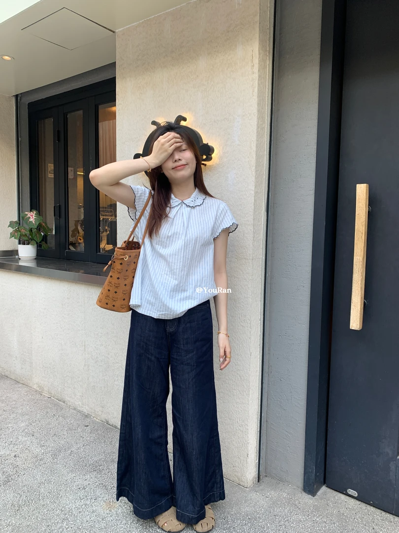 周悠然夏季简约阔腿洗水牛仔裤