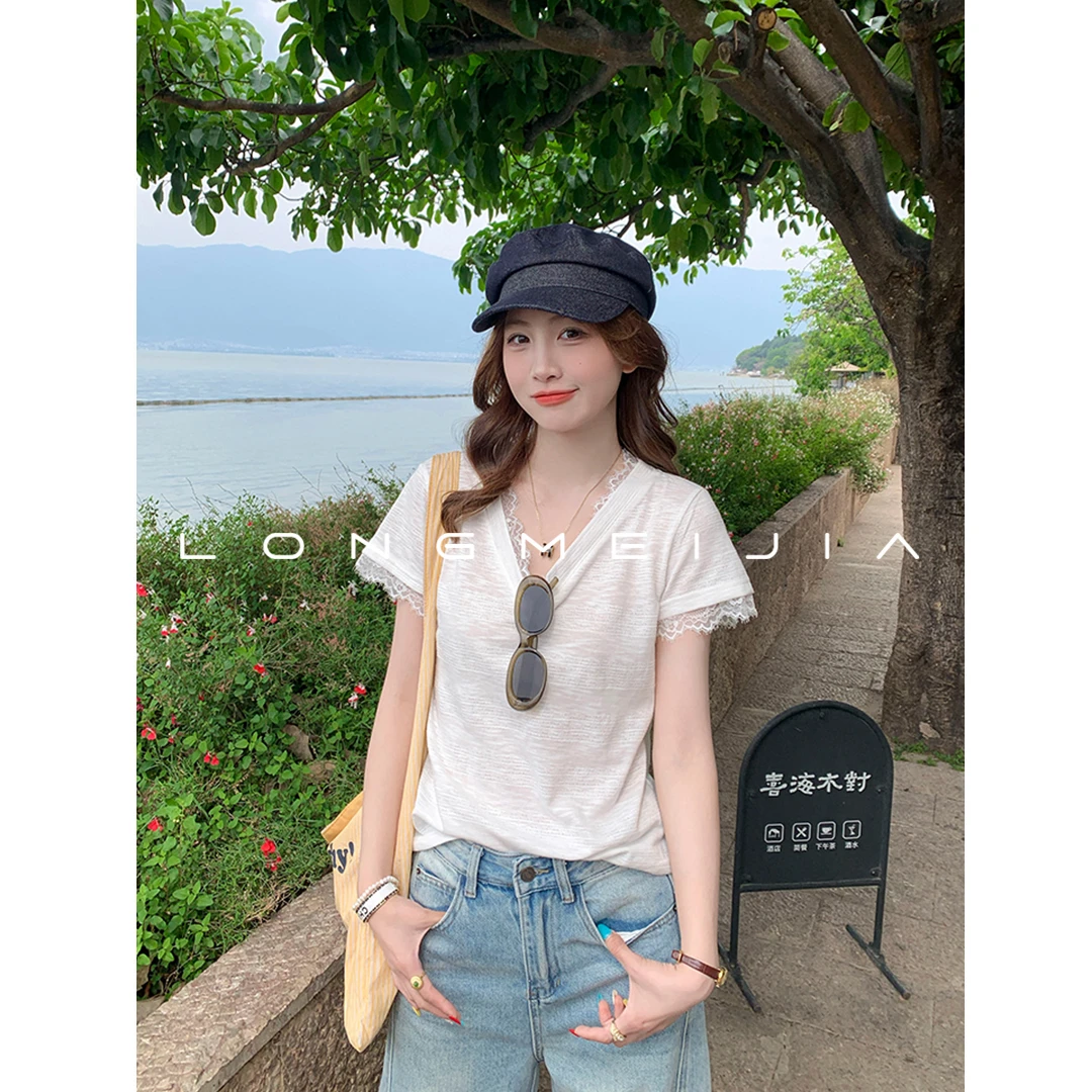 白色蕾丝V领正肩短袖T恤女2025夏新款薄款宽松上衣