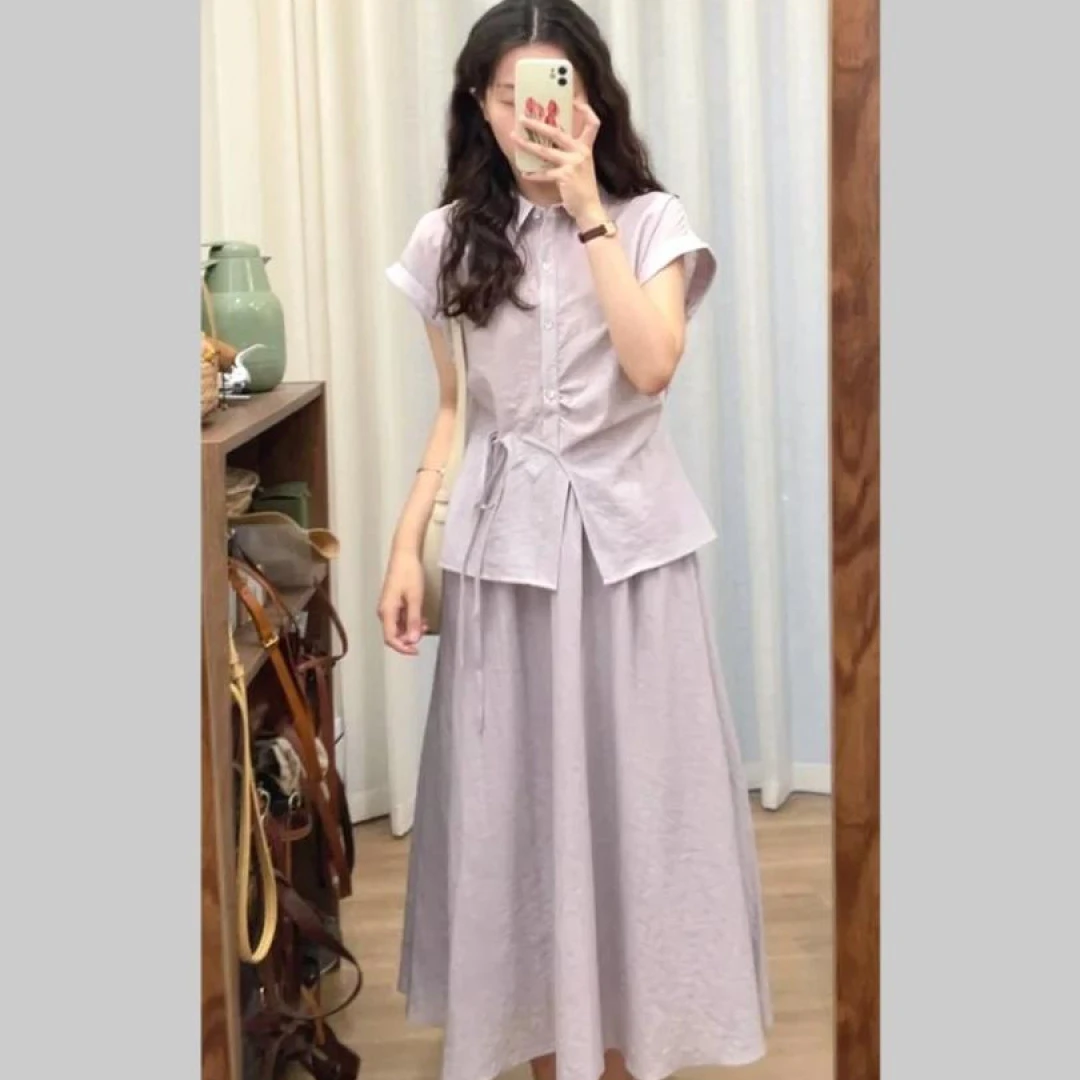 夏季新款2025韩系穿搭一整套女紫色收腰衬衫上衣搭配半身裙两件套
