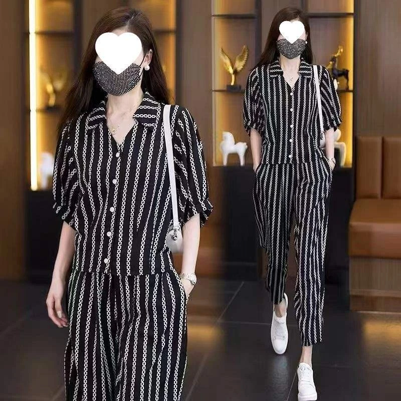 休闲洋气套装女2025时尚夏季新款时髦条纹短袖衬衫阔腿裤两件套潮