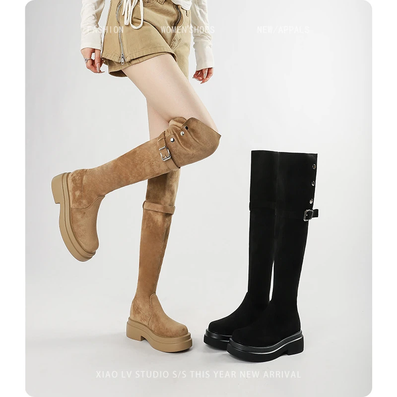 美拉德长筒靴女胖mm粗腿大筒围过膝靴骑士靴厚底长靴大码女靴子41