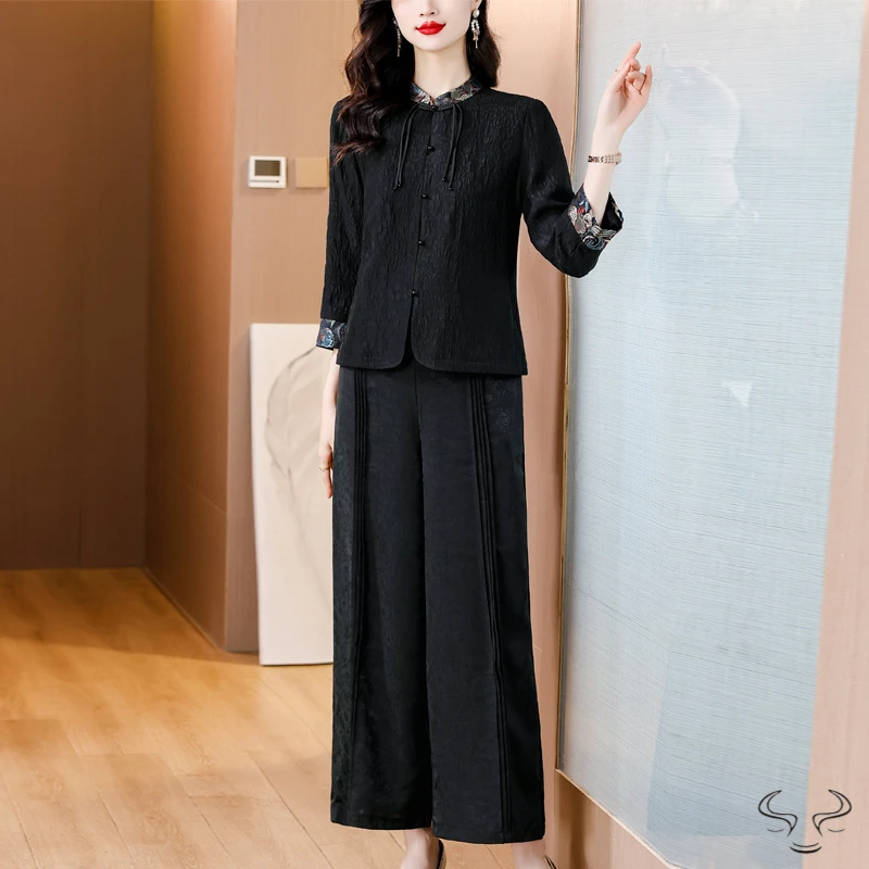 新款轻奢国风妈妈新中式复古盘扣提花上衣裤子春夏气质女装