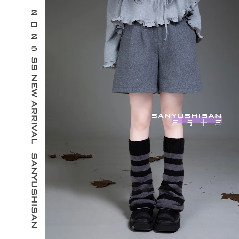 三与十三|小灰鱼|秋季新款灰色毛呢短裤A字时尚百搭宽松显瘦短裤