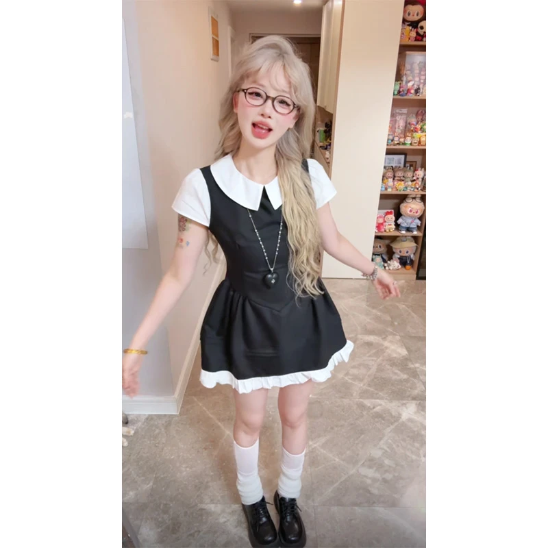 学院风复古小黑裙女款夏季小个子穿搭娃娃领短款假两件蓬蓬连衣裙