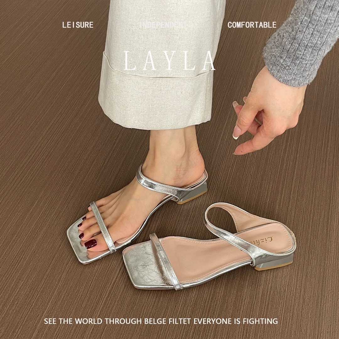 精致粗跟小凉拖鞋外穿仙女鞋子2025春夏新款方头配裙子露趾一字拖