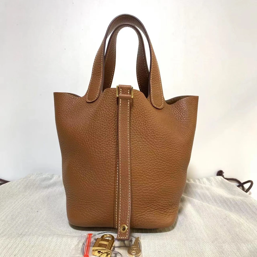 95新 Hermes/爱马仕 金棕金扣菜篮子18手提包bwz10413