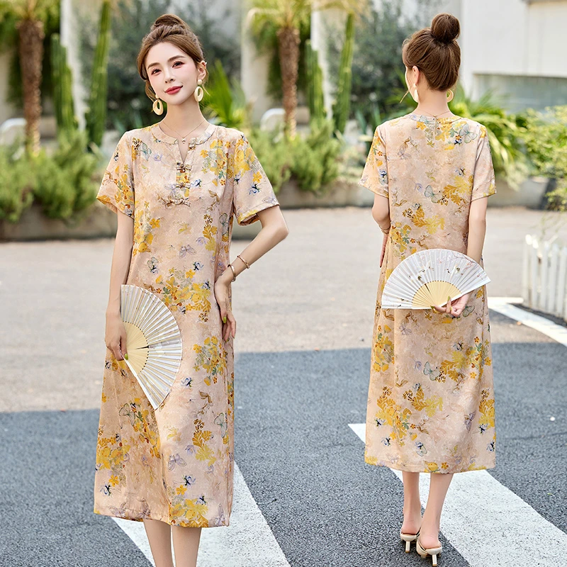 新中式国风印花连衣裙女2025夏季新款复古盘扣遮肉显瘦中长款裙子