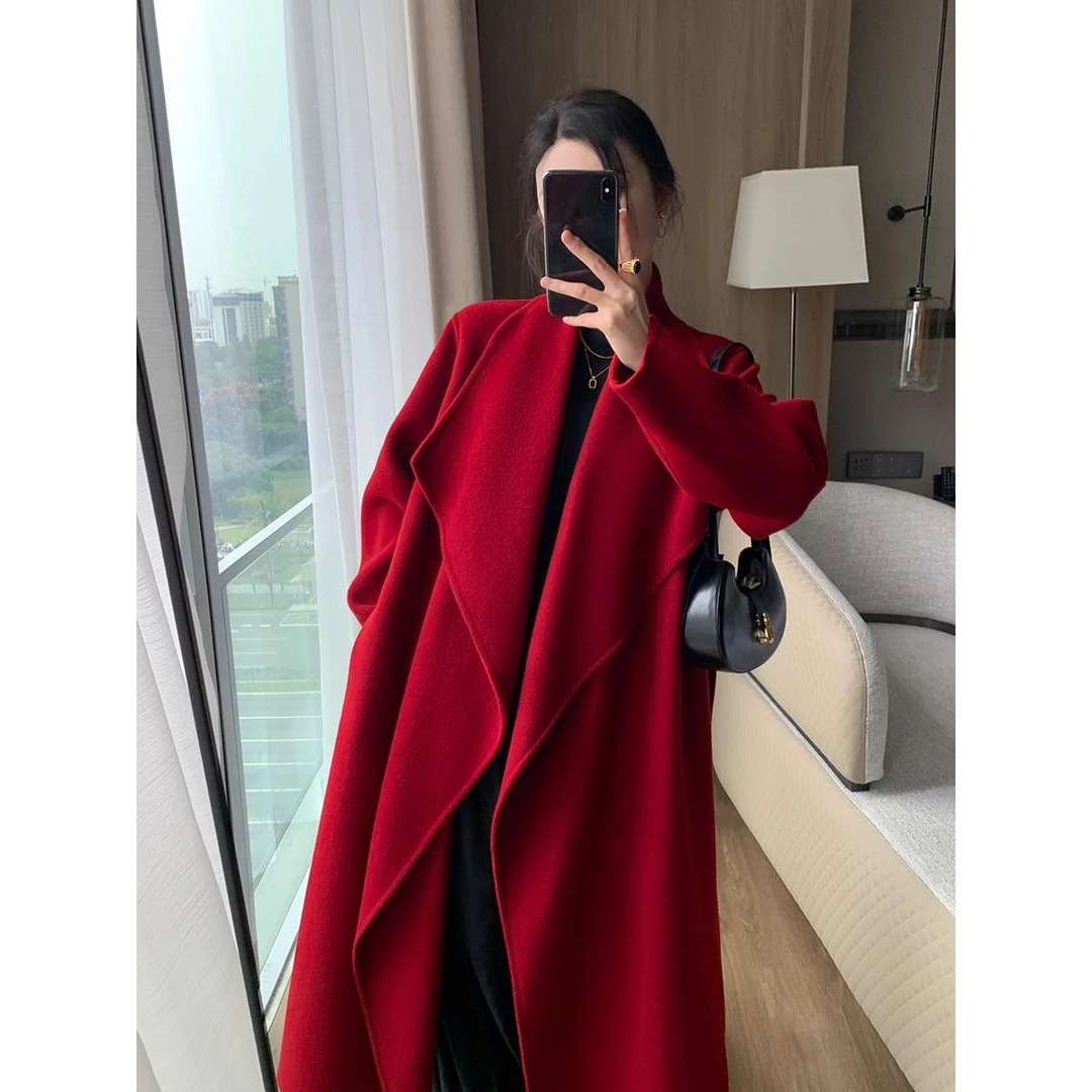 红色双面羊绒大衣女2025秋冬季新款大翻领宽松气质毛呢外套高级感