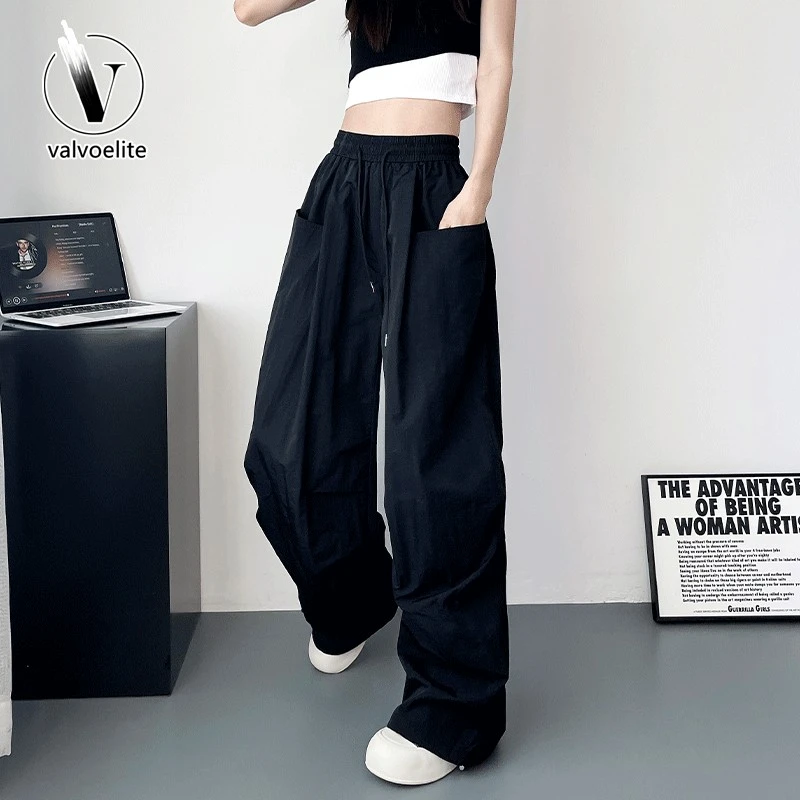 VALVOELITE大码速干工装裤女夏季宽松显瘦阔腿裤高腰抽绳直筒裤