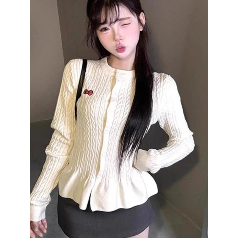 蝴蝶结针织开衫韩系杏色麻花女秋冬花边内搭毛衣独特别致短款上衣