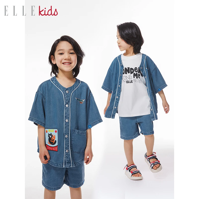 ELLEkids天丝牛仔无领篮球印花男儿童春秋季新款短袖T恤外套
