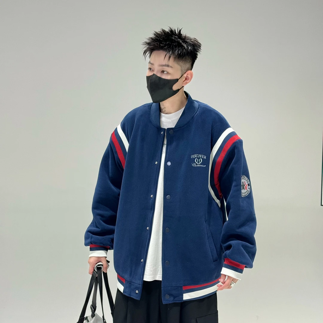 青少年秋冬加绒美式宽松夹克男潮牌撞色罗纹针织绣花棒球服外套